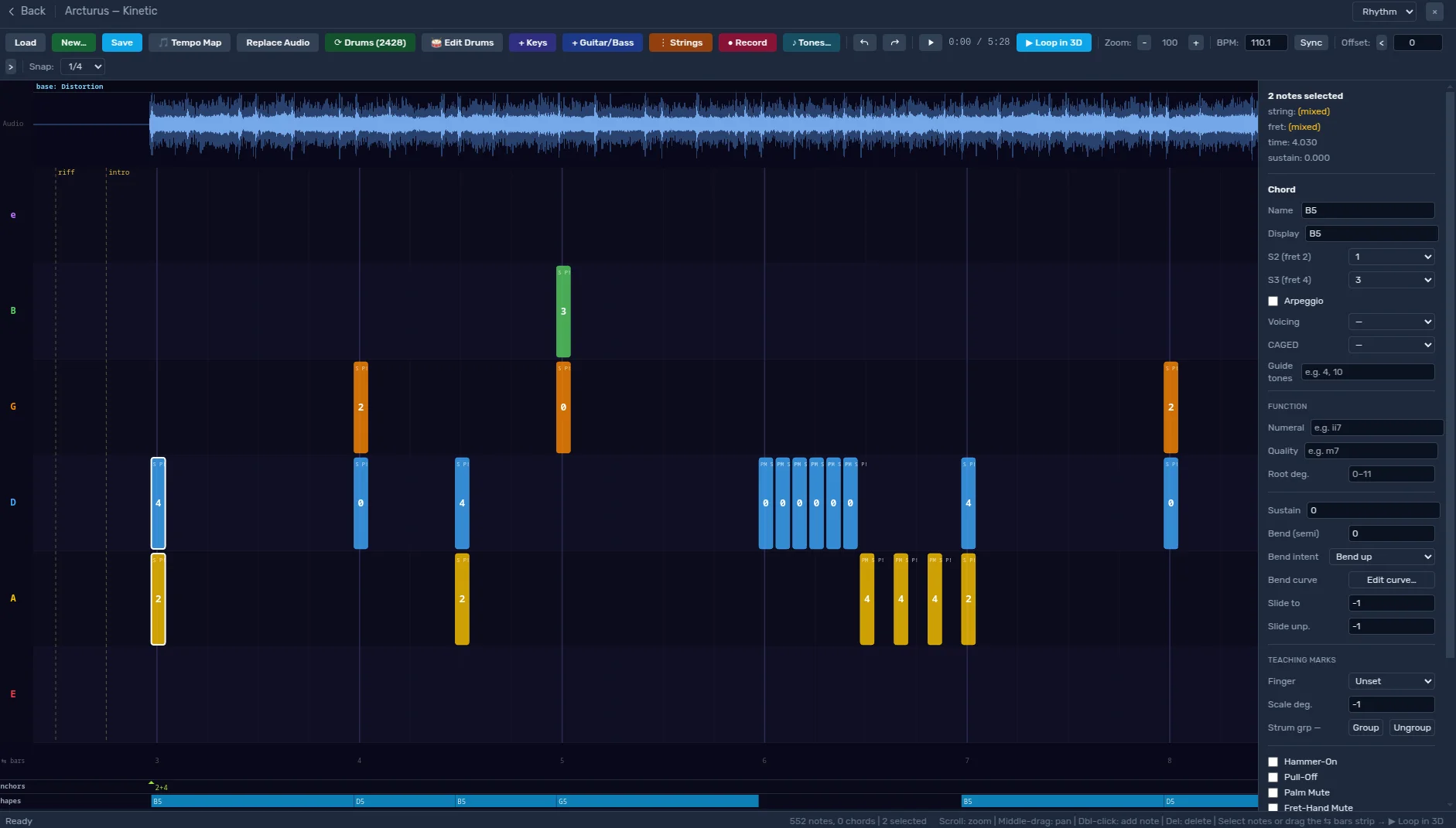 Arrangement editor — waveform, note lanes, and chord authoring panel