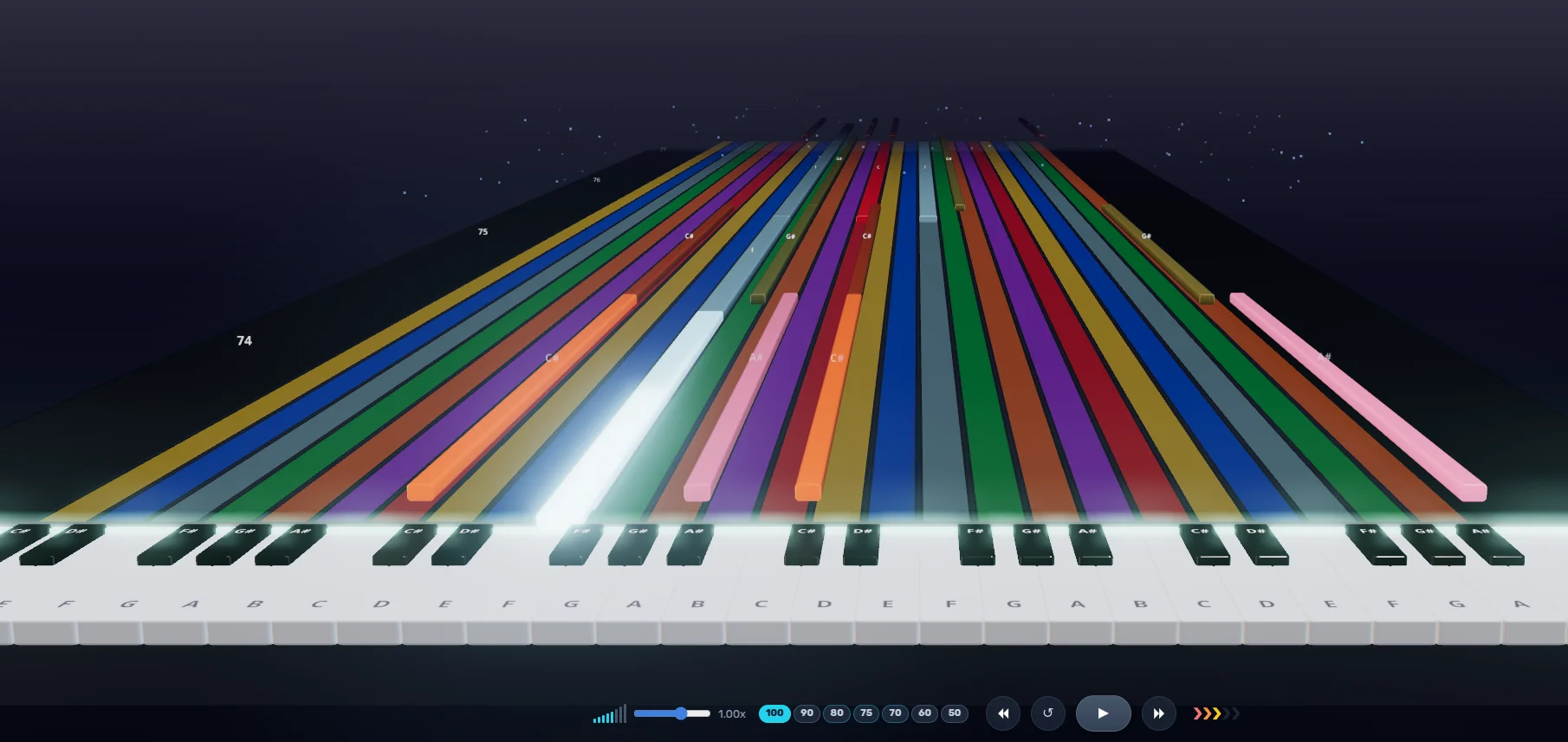 Keys highway — colored note lanes flowing onto a piano keybed