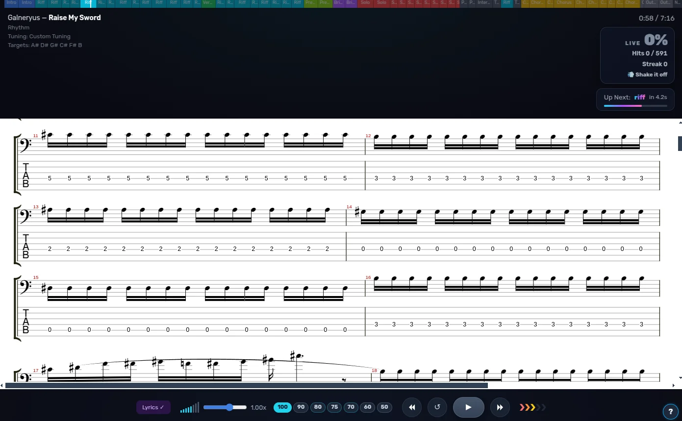 Staff view — bass clef notation with synced tablature