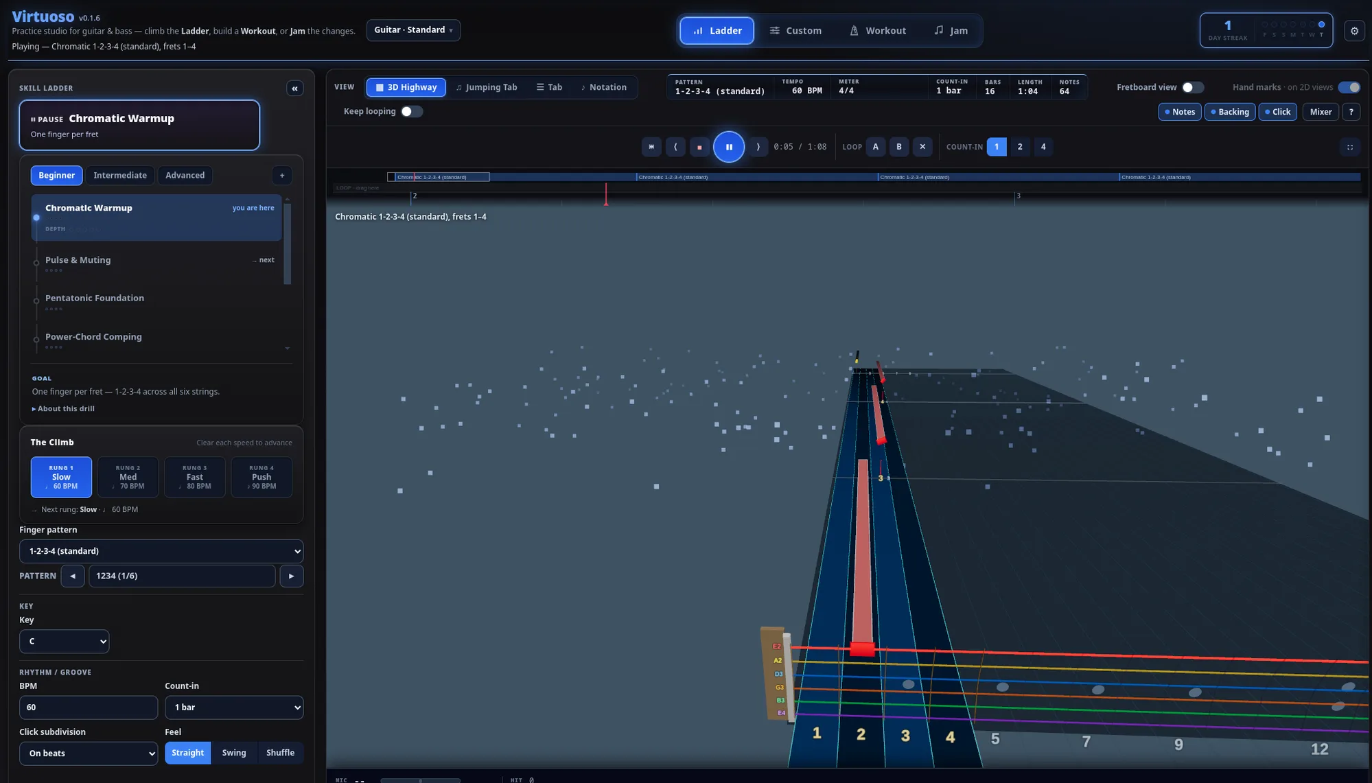 Virtuoso practice studio — skill ladder, drill controls, and 3D note highway